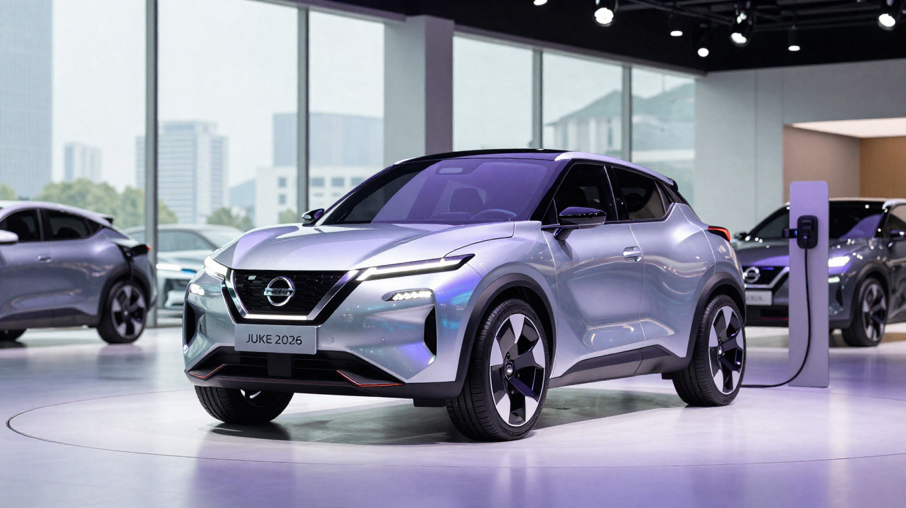 Carro elétrico Nissan Juke 2026 prateado em exposição, conectado a estação de recarga.