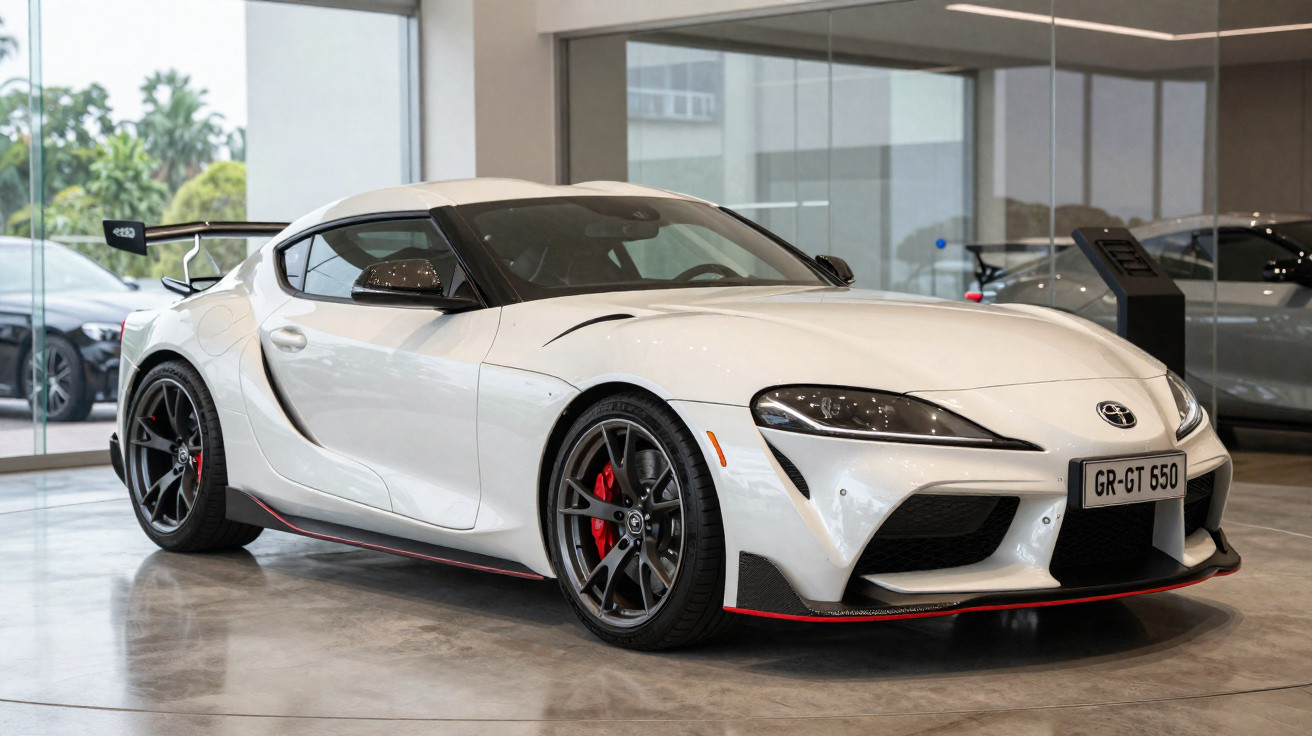Carro esportivo branco Toyota GR Supra GT 650 em ambiente interno com rodas pretas e detalhes vermelhos.