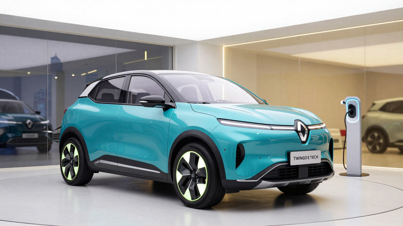 Carro elétrico Renault Twingo E-Tech azul estacionado próximo a uma estação de recarga dentro de showroom.
