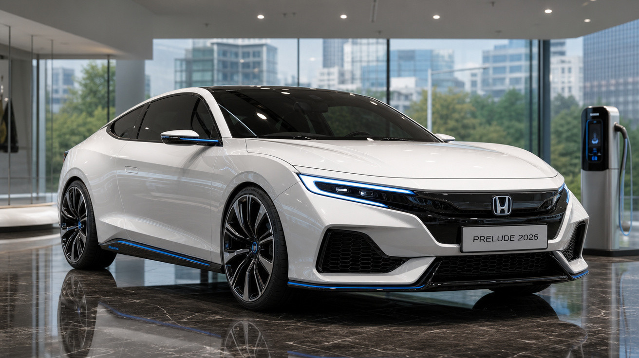 Carro esportivo branco Honda Prelude 2026 estacionado em showroom moderno com vista urbana ao fundo.