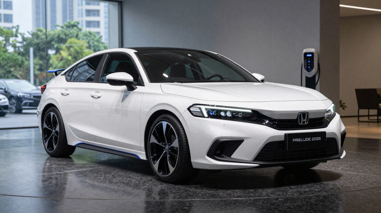 Carro elétrico branco Honda Prelude 2025 em exposição interna com estação de carregamento ao fundo.