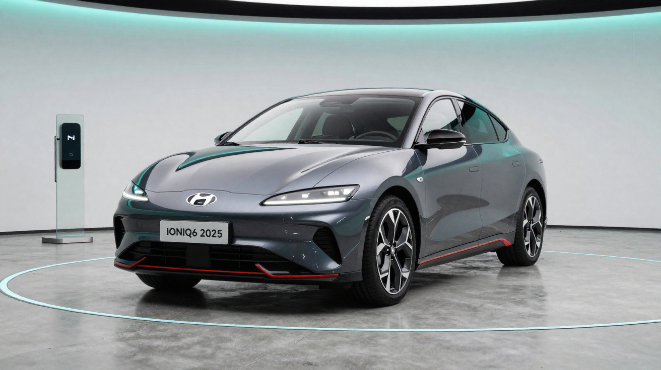Carro elétrico Hyundai Ioniq 6 2025 cinza em estúdio minimalista com luzes modernas.