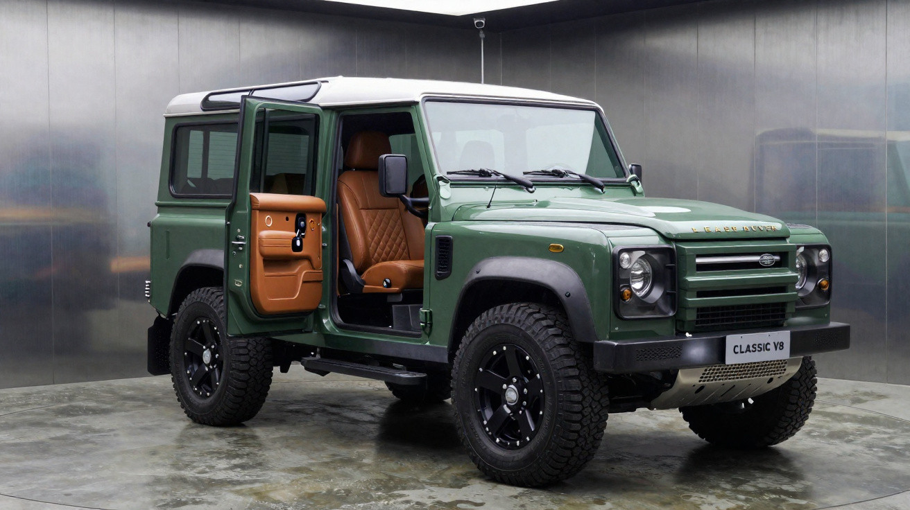 Carro verde Land Rover Defender Classic V8 com portas abertas e interior de couro marrom em garagem.