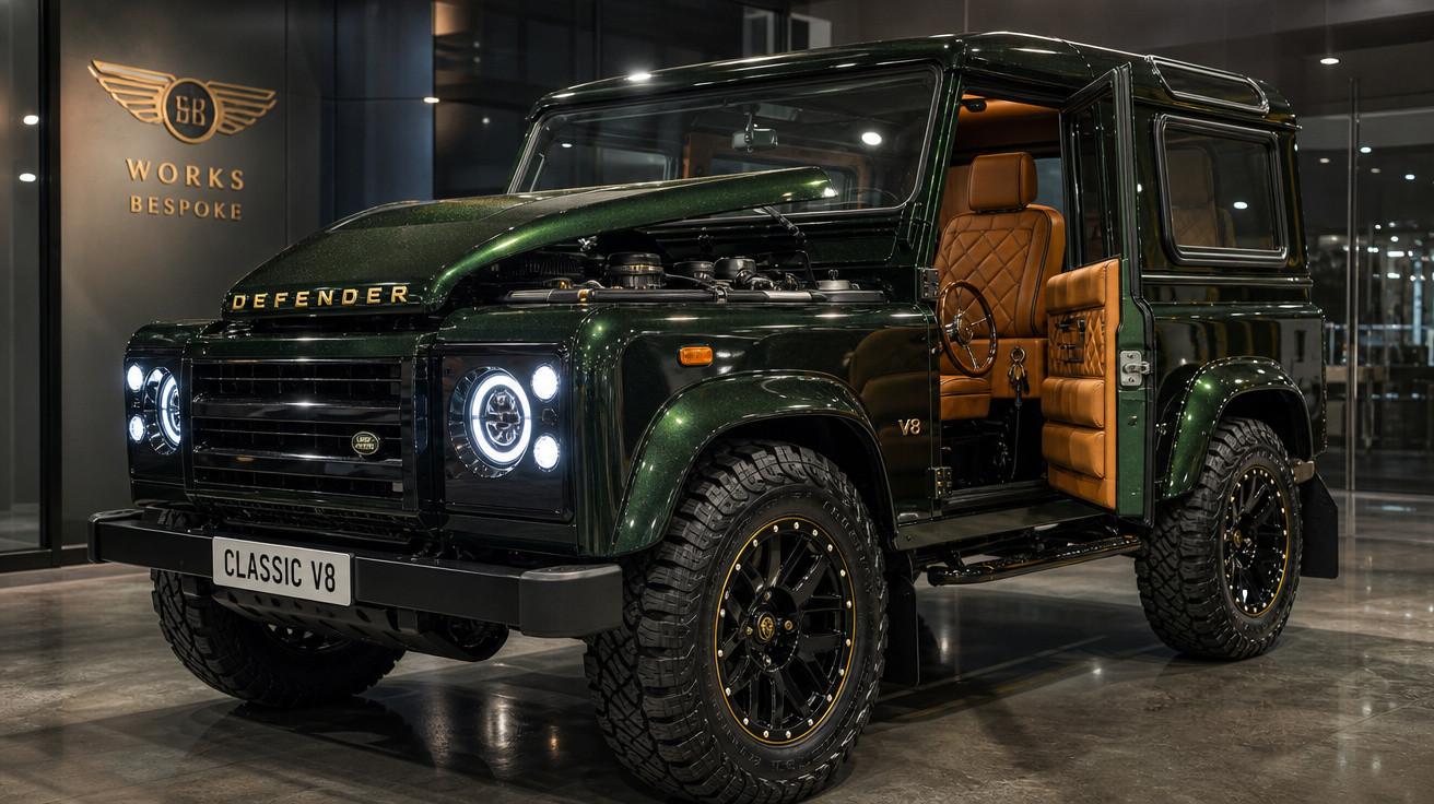 Land Rover Defender Classic V8 verde com interior marrom em showroom moderno.