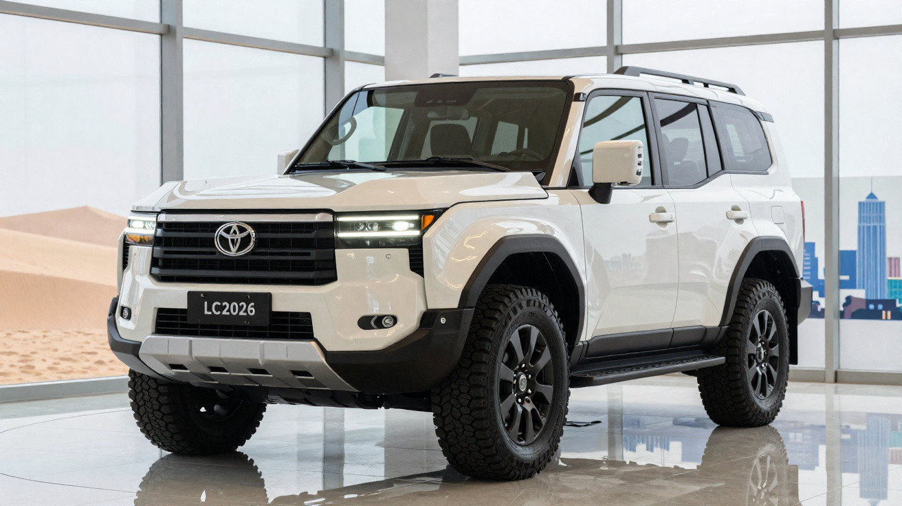 SUV branco Toyota Land Cruiser 2026 exibido em ambiente interno com janelas grandes.