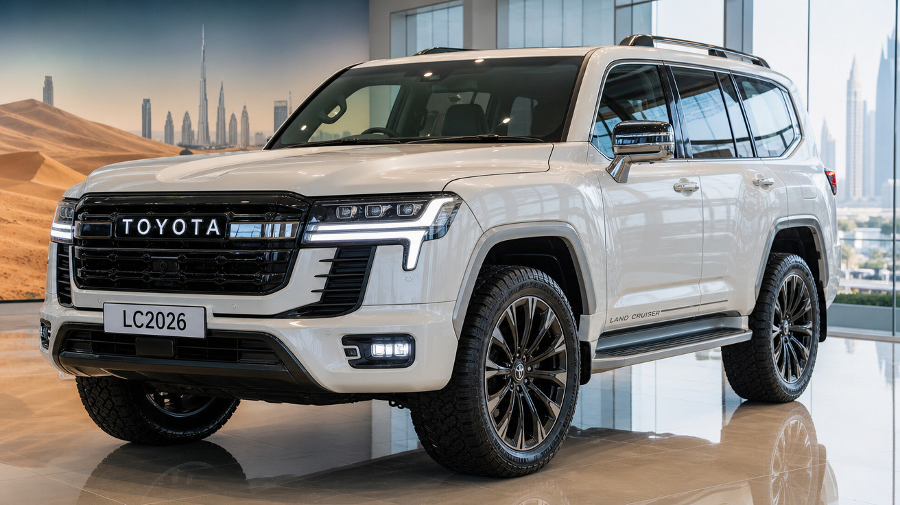 SUV Toyota Land Cruiser 2026 branco exibido em showroom com piso espelhado e fundo urbano.