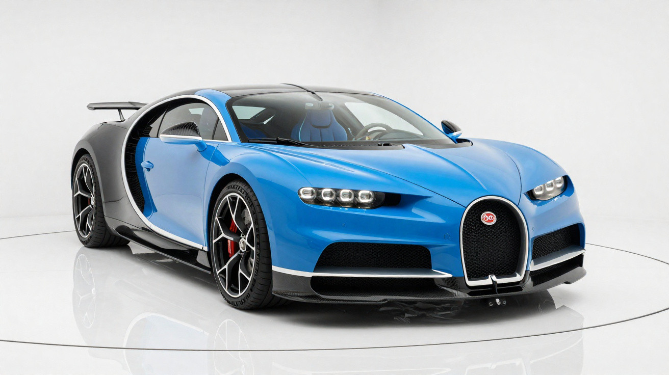 Carro esportivo azul e preto Bugatti Chiron estacionado em estúdio com fundo branco.