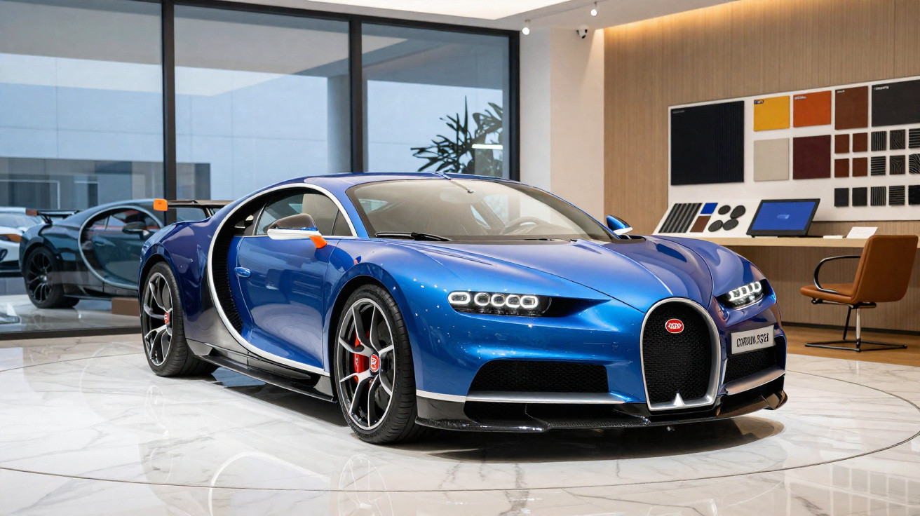 Carro esportivo azul Bugatti Chiron em showroom com piso de mármore e paredes claras.