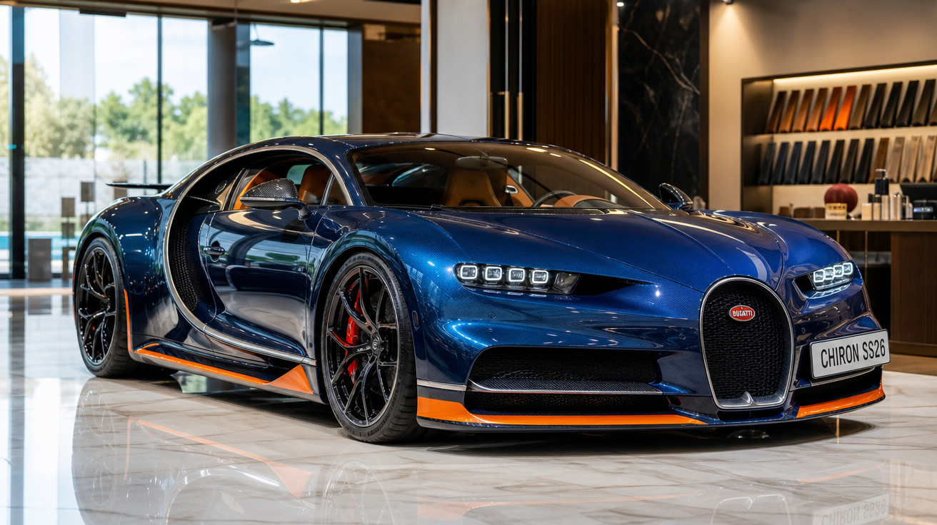 Carro esportivo Bugatti Chiron SS26 azul com detalhes em laranja em showroom moderno e iluminado.