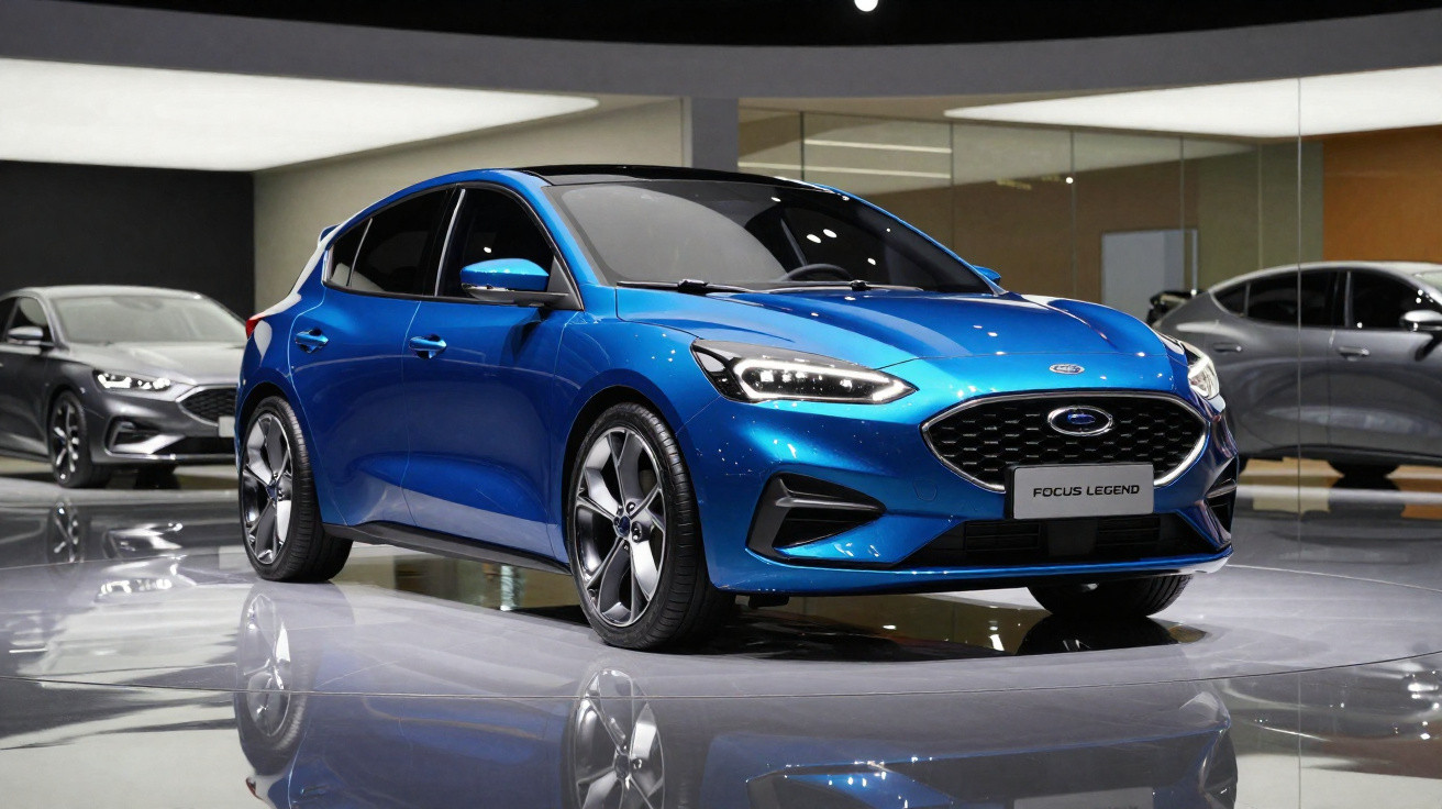 Carro Ford Focus Legend azul em exposição, com outro veículo cinza ao fundo em ambiente moderno.