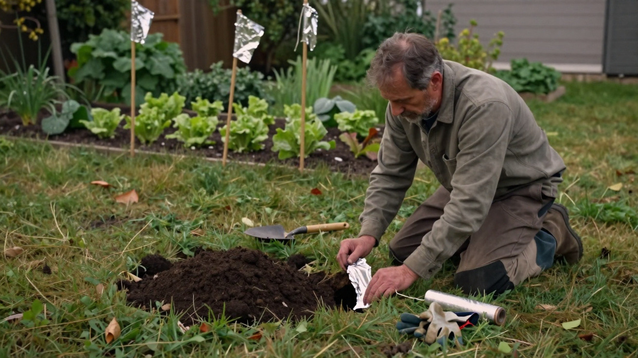 Homem ajoelhado no jardim, preparando solo e usando folhas de alumínio para proteger plantações.