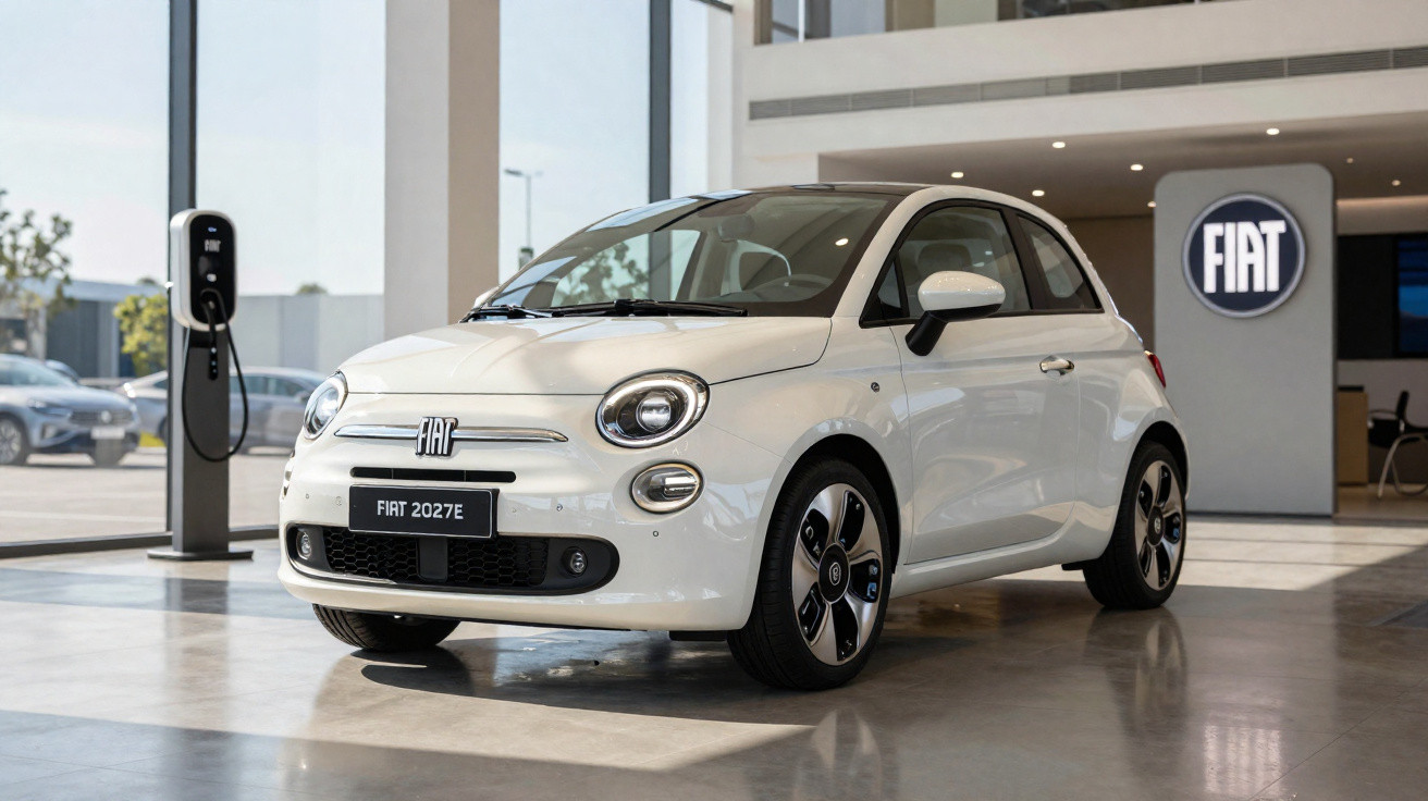 Carro elétrico Fiat 500 branco estacionado em concessionária com carregador ao lado.