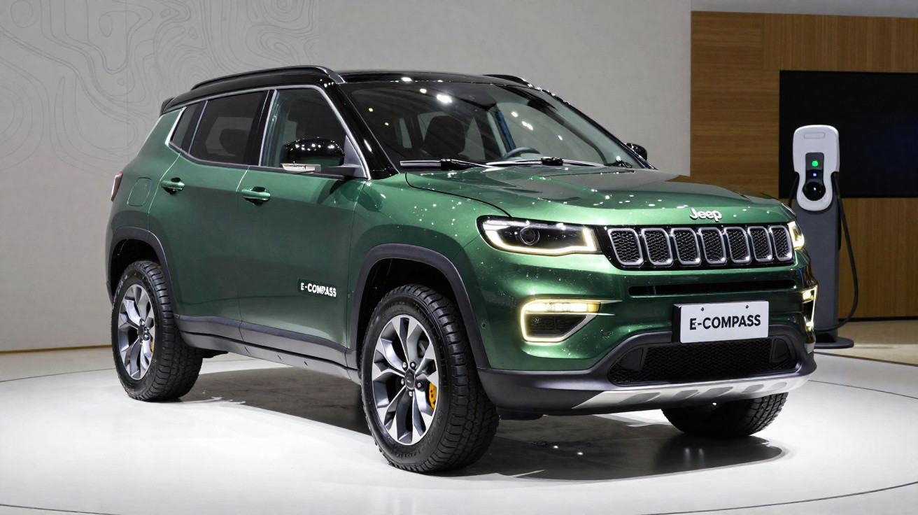 Carro SUV elétrico Jeep E-Compass verde exposto em estande com carregador ao fundo.