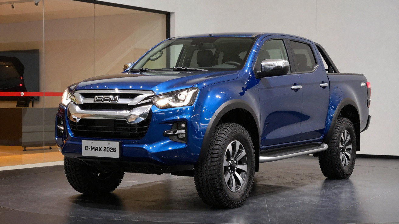 Picape azul Isuzu D-Max 2026 em exibição em ambiente interno.
