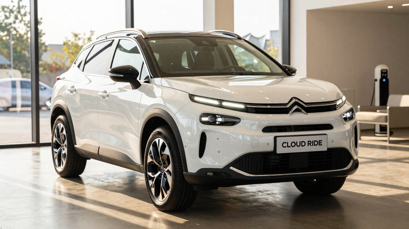 SUV branco da Citroën modelo Cloud Ride estacionado em showroom iluminado por luz natural.