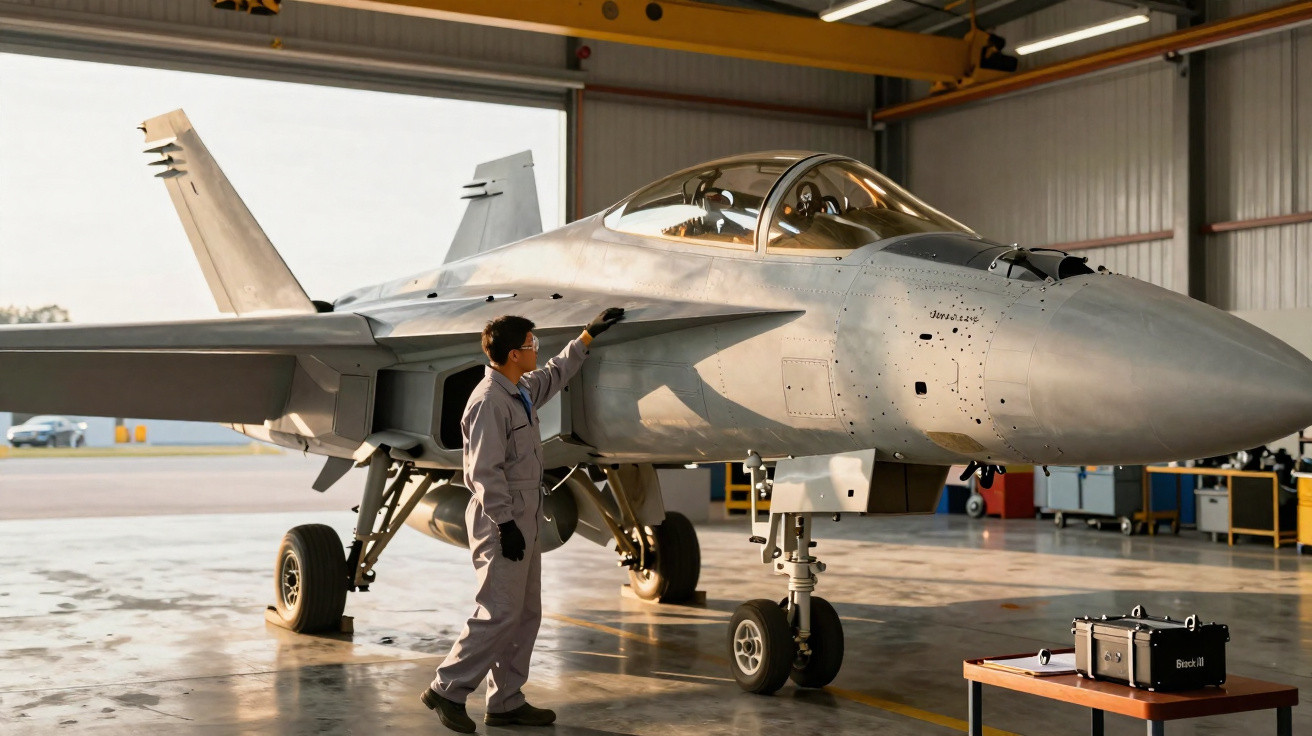 Técnico inspecionando caça militar cinza em hangar com equipamentos ao redor e luz natural.