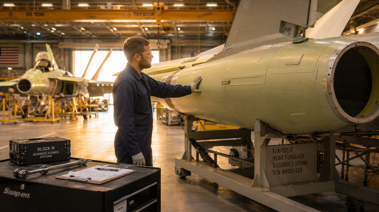 Homem verificando fuselagem traseira de aeronave em hangar industrial com equipamentos ao redor.