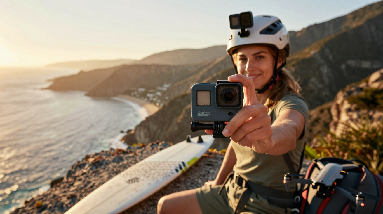 Mulher com capacete segura câmera GoPro em penhasco com prancha de surf e mar ao fundo.