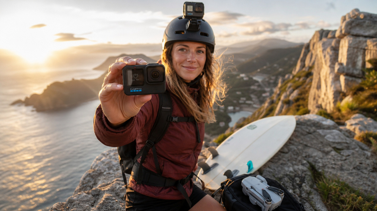 Mulher com capacete segura câmera GoPro em penhasco com prancha de surfe e drone ao pôr do sol.