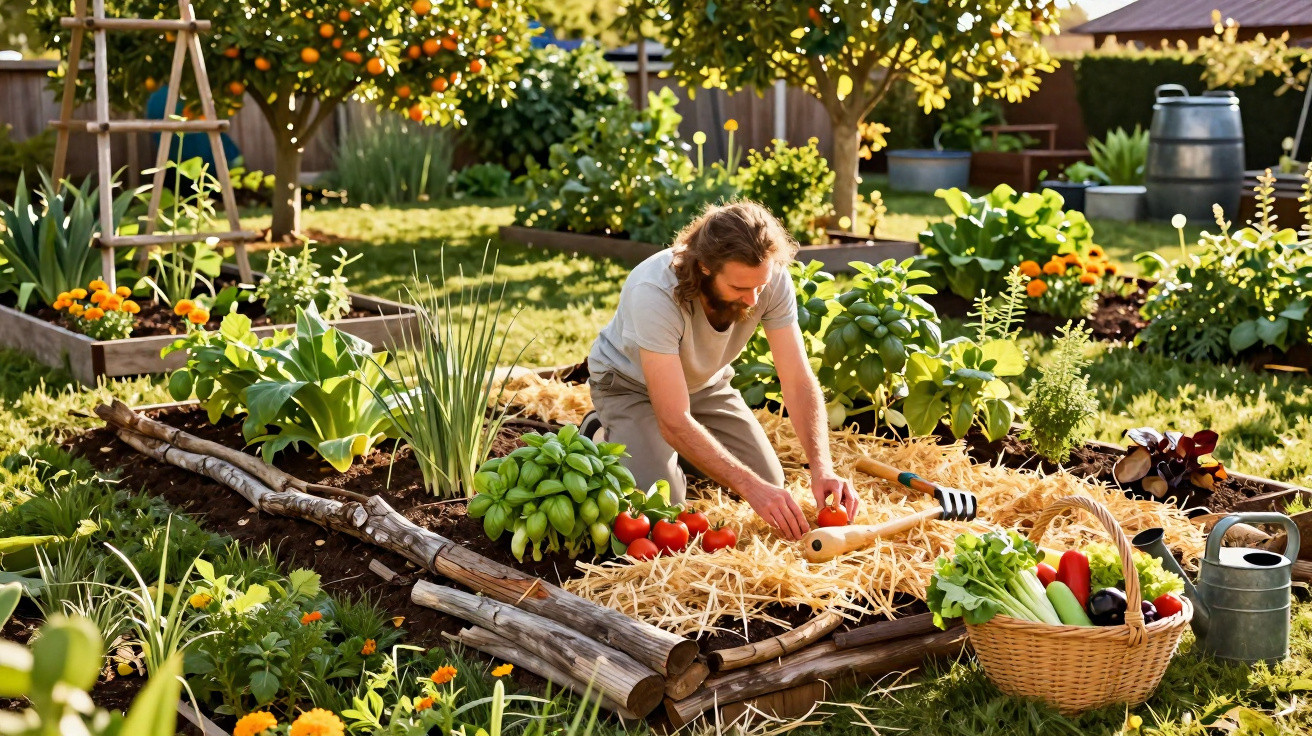 Homem cuidando de horta orgânica com verduras, tomates e cesto cheio de legumes frescos ao lado.