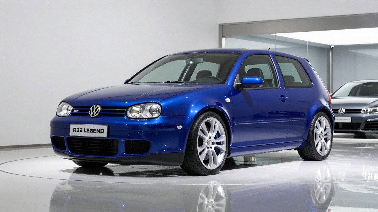 Carro esportivo Volkswagen Golf R32 azul em exposição, vista frontal e lateral direita.