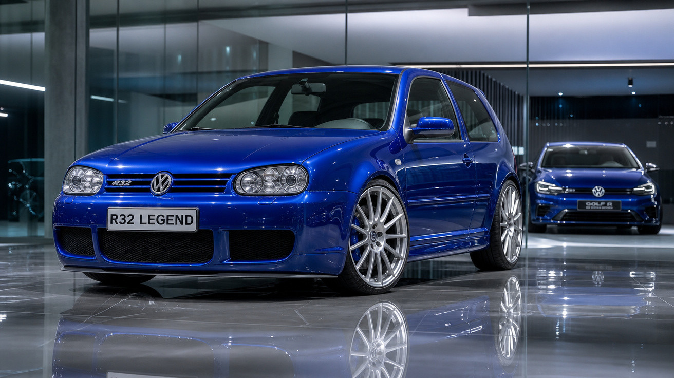 Carro esportivo Volkswagen Golf R32 azul em showroom moderno com reflexo no chão e espelho ao fundo.