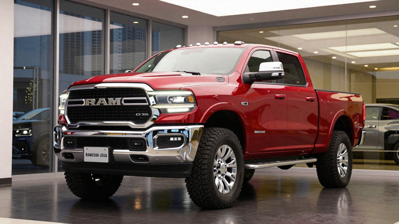 Picape RAM 2500 2026 vermelha em showroom com faróis acesos e grade frontal cromada.