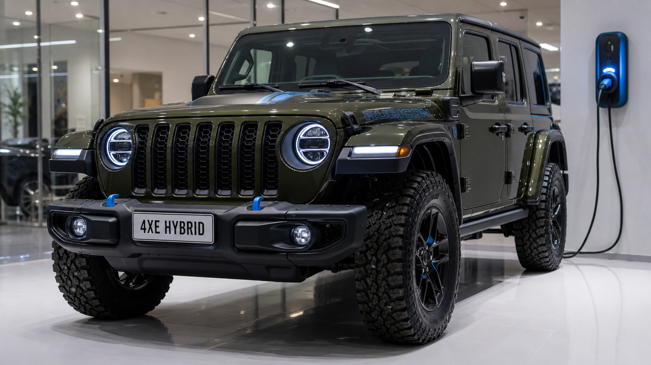Jeep SUV híbrido verde militar estacionado em showroom com carregador elétrico conectado na parede.