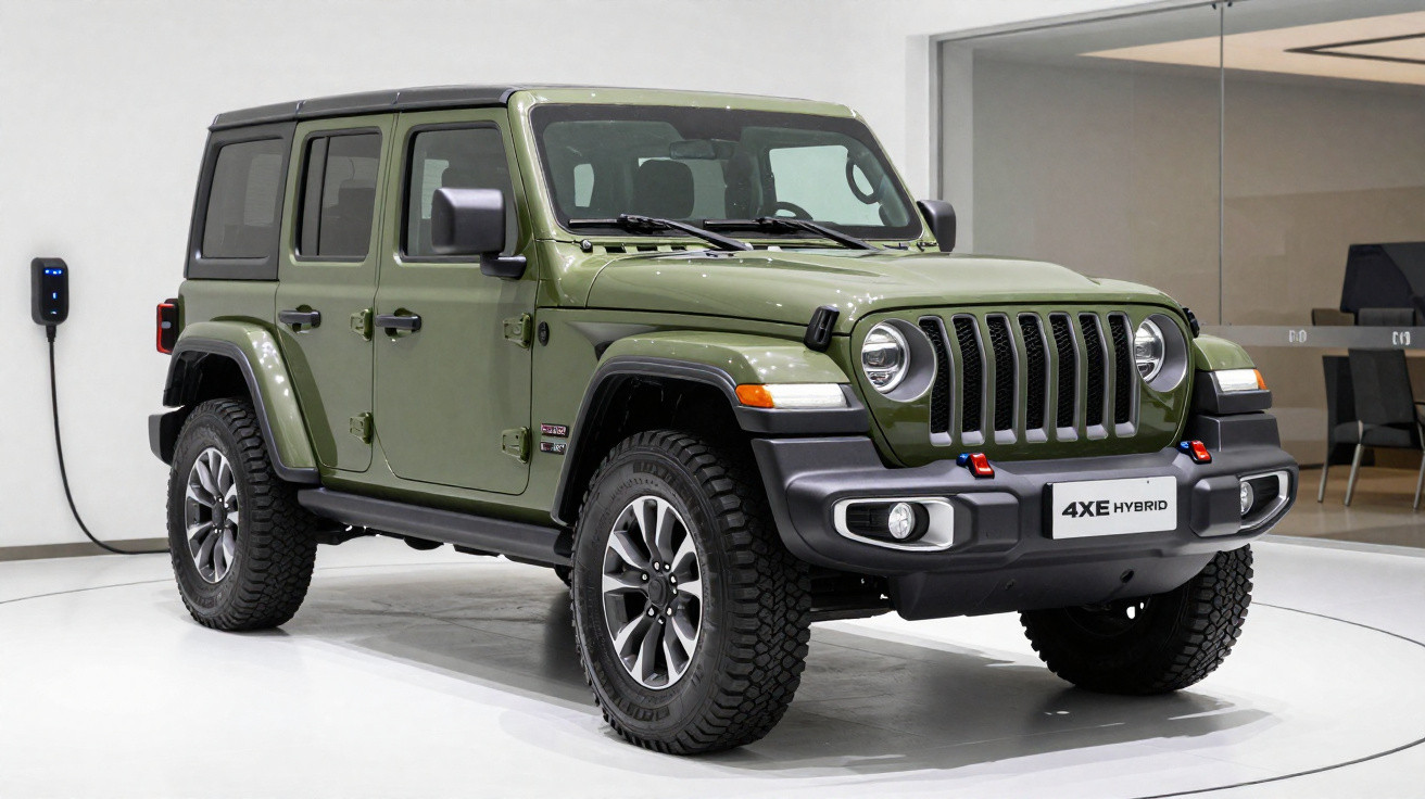 Jeep 4xe híbrido verde militar estacionado em sala branca com carregador elétrico na parede.
