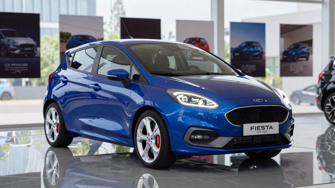 Carro hatch azul Ford Fiesta exposto em showroom moderno com piso refletivo.