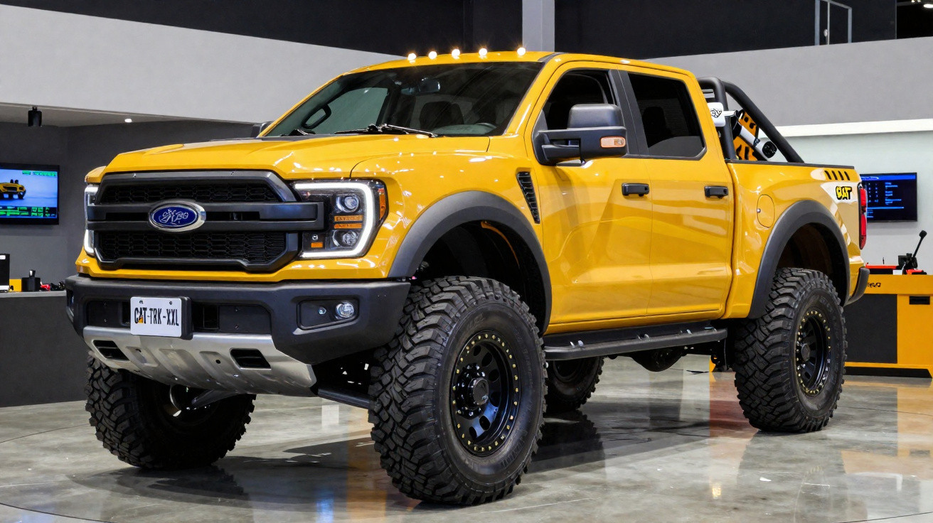 Picape amarela Ford com grandes pneus off-road em exposição interna moderna.