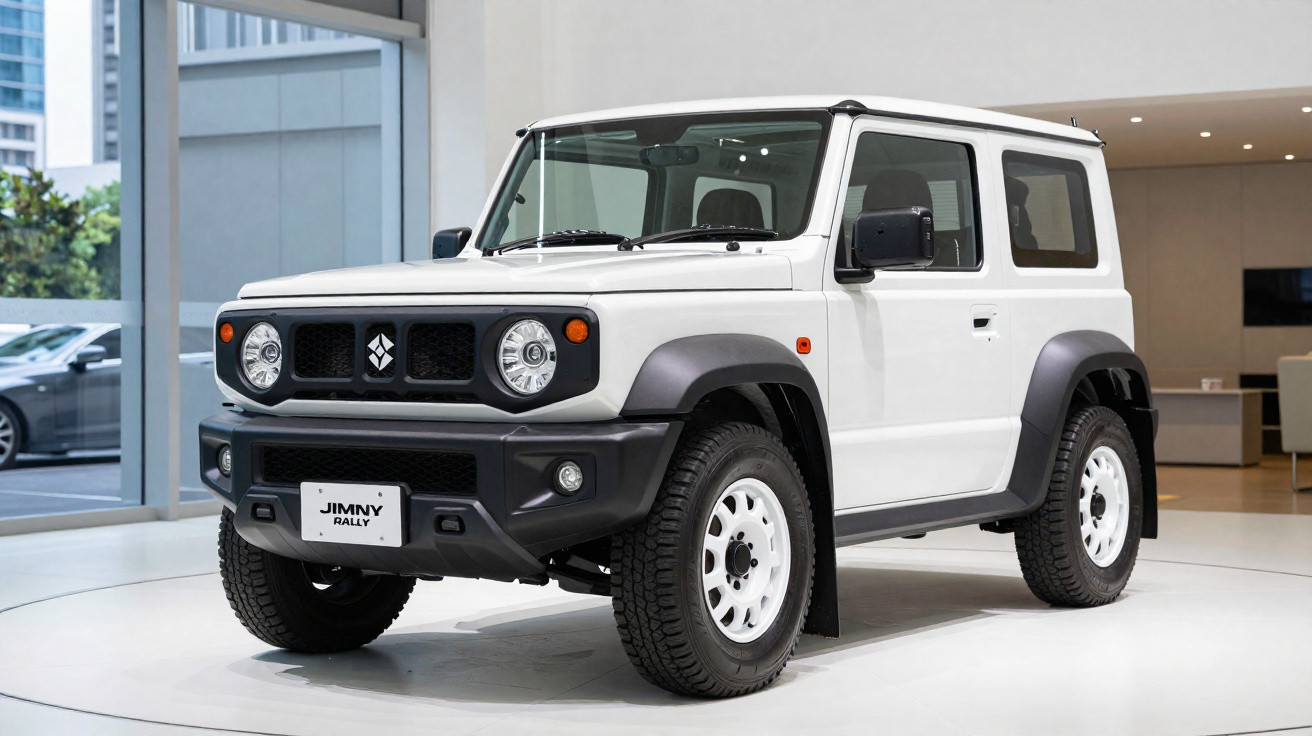 Carro SUV branco Suzuki Jimny Rally estacionado em ambiente interno moderno e iluminado.