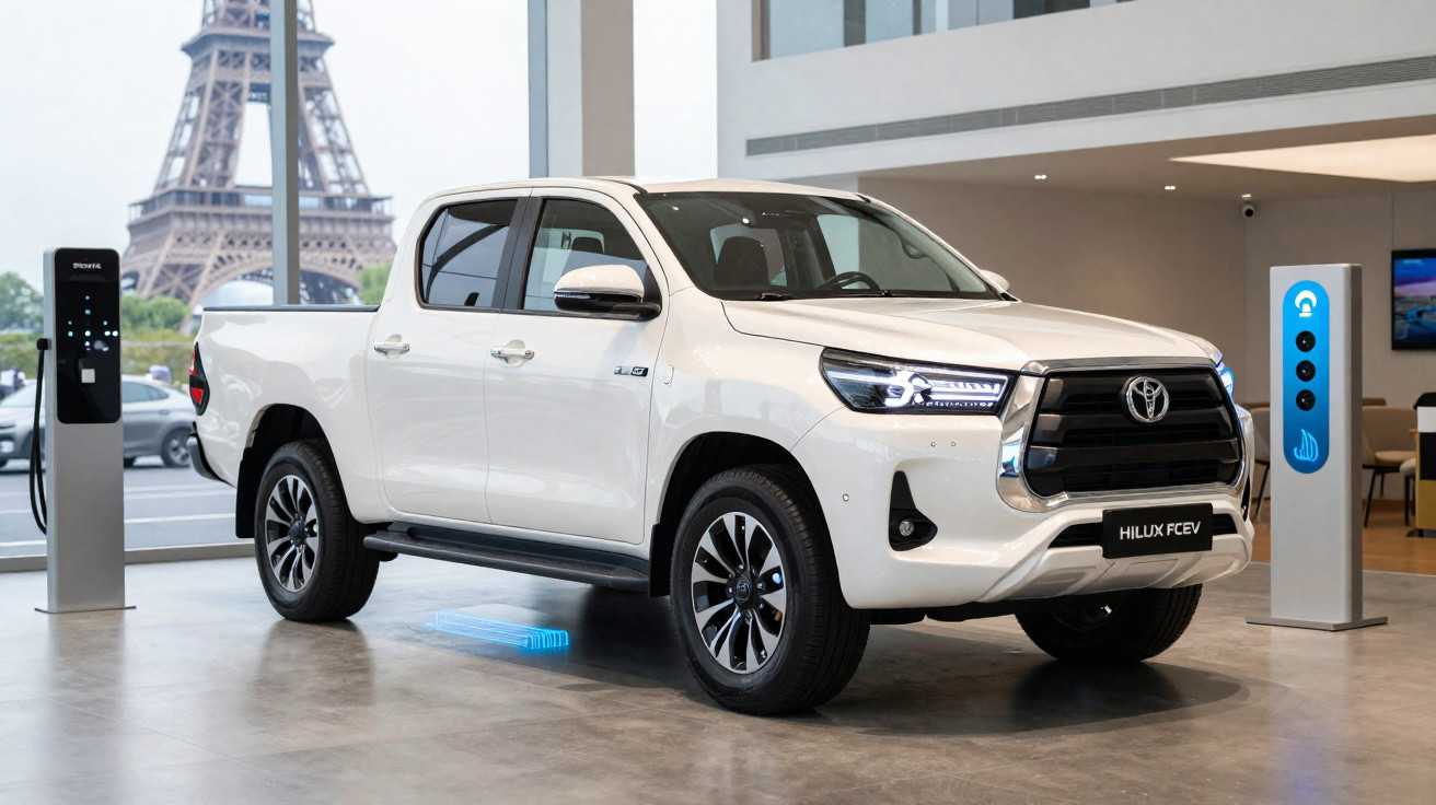 Picape Toyota Hilux FCEV branca exposta em showroom com Torre Eiffel ao fundo e pontos de recarga elétrica.