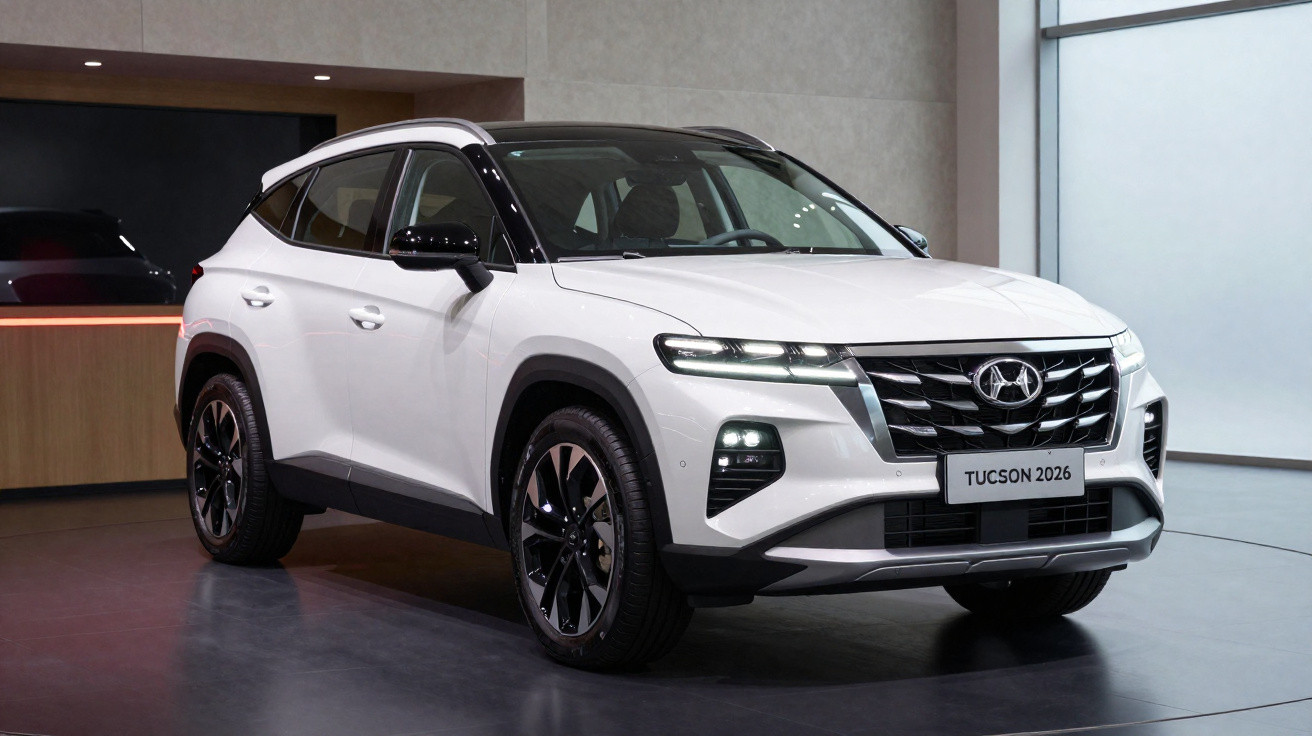 SUV Hyundai Tucson 2026 branco estacionado em ambiente interno com iluminação moderna.