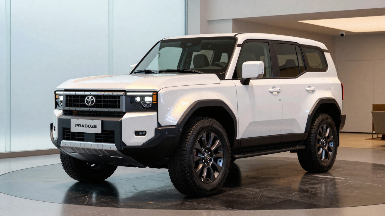 SUV branco Toyota Prado 26 estacionado em ambiente interno moderno, com rodas pretas e detalhes em preto.