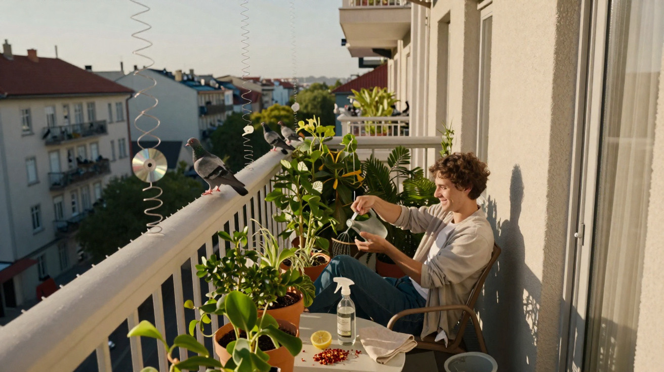 Jovem regando plantas em varanda com pombos no parapeito, ao entardecer em área urbana.