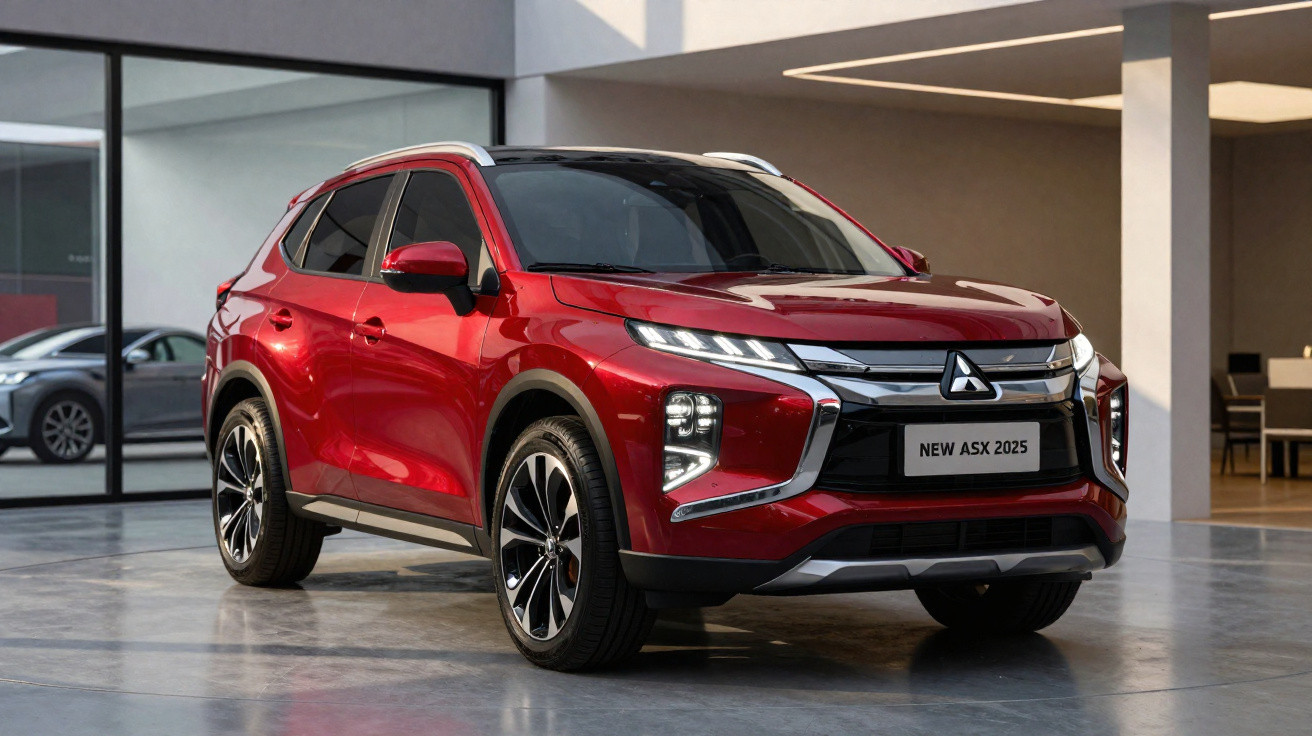SUV vermelho Mitsubishi ASX 2025 estacionado em ambiente moderno e iluminado.