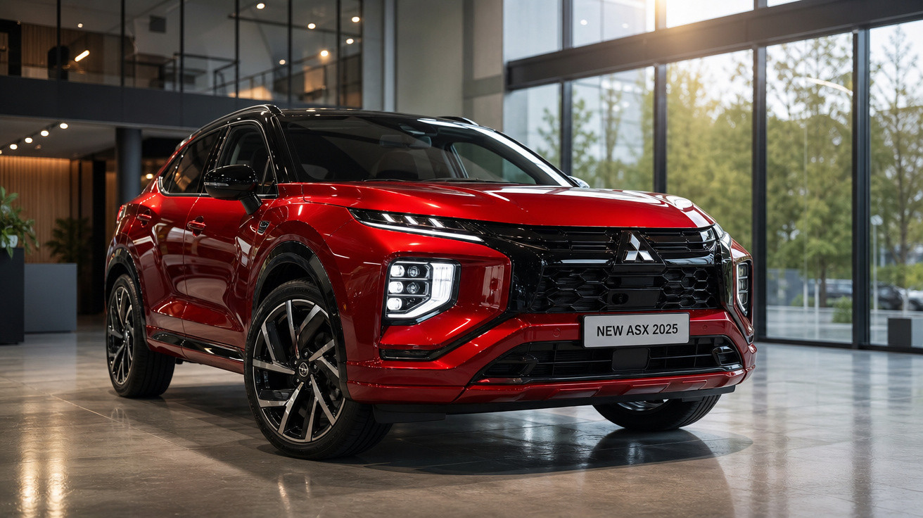 Carro SUV vermelho Mitsubishi New ASX 2025 exposto em showroom moderno com grandes janelas.