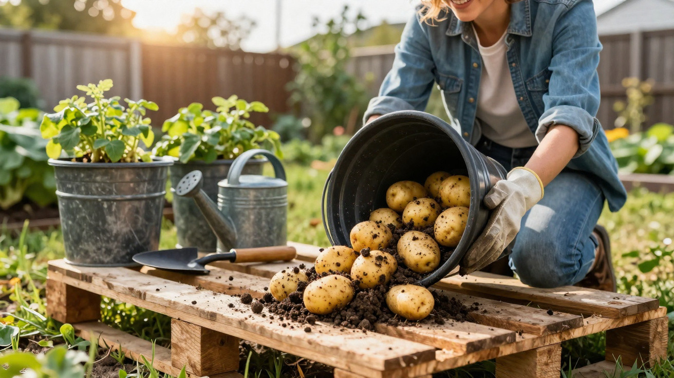 Mulher colhendo batatas orgânicas frescas em jardim ensolarado com ferramentas de jardinagem ao lado.