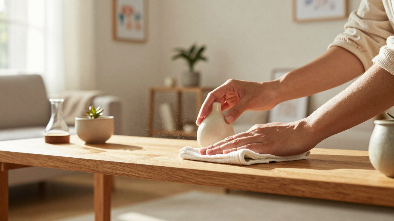 Pessoa limpando mesa de madeira em sala de estar com pano branco e objeto branco na mão.