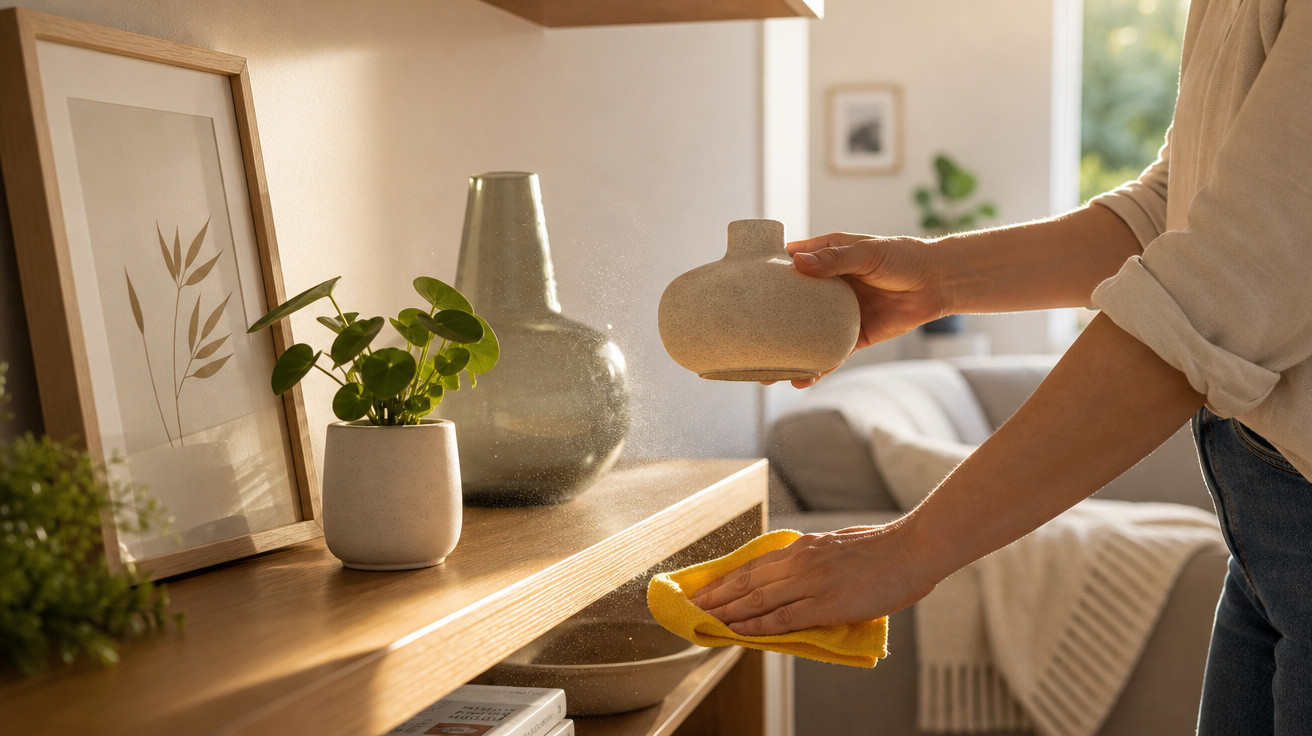 Pessoa limpando uma estante de madeira com vaso de planta e objetos decorativos em sala iluminada.