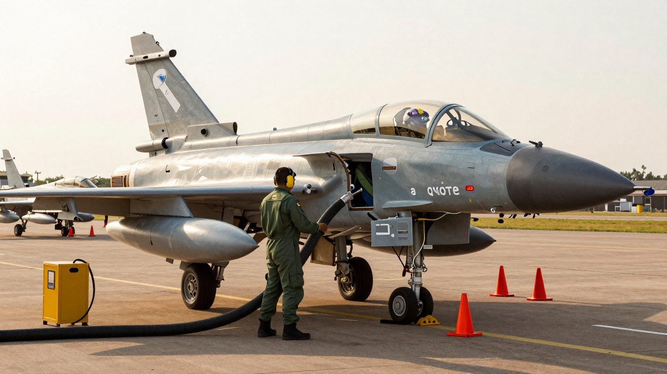 Caça supersônico sendo reabastecido no solo por militar em uniforme verde, em área de aeródromo.