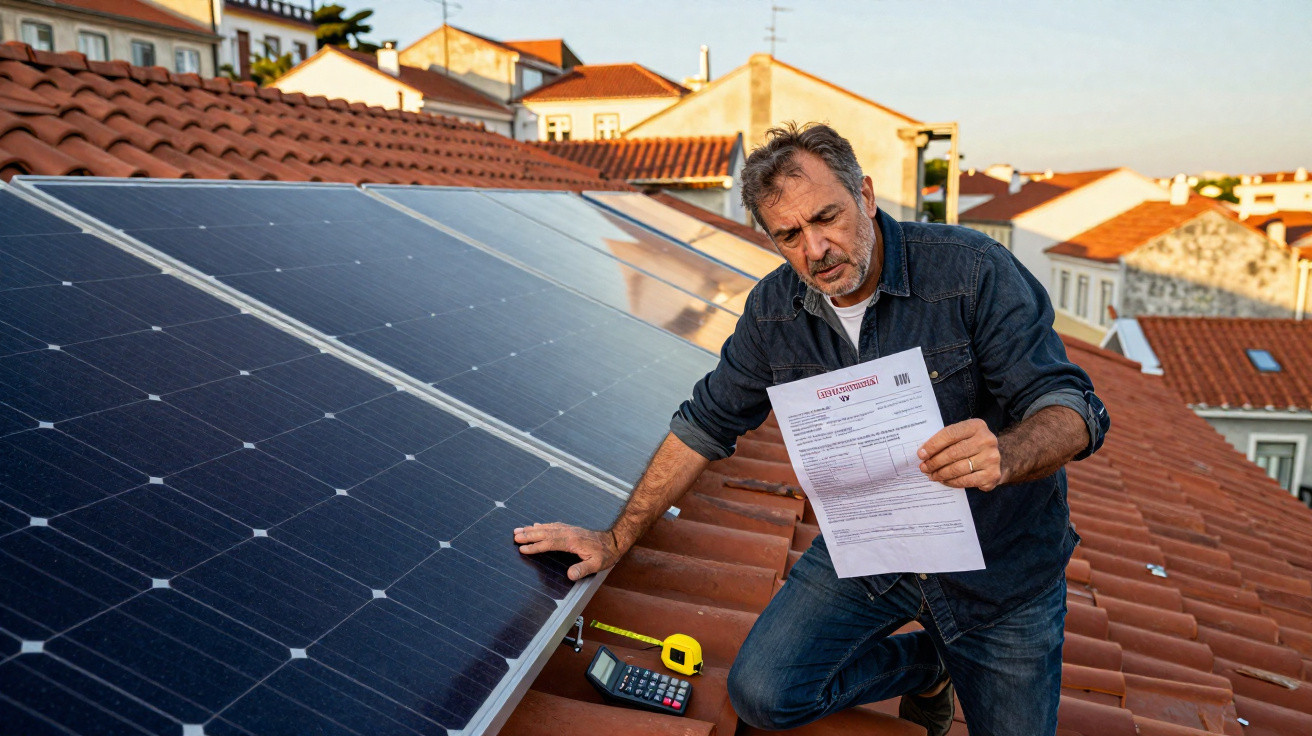 Homem verifica conta de energia ao lado de painéis solares instalados em telhado residencial.