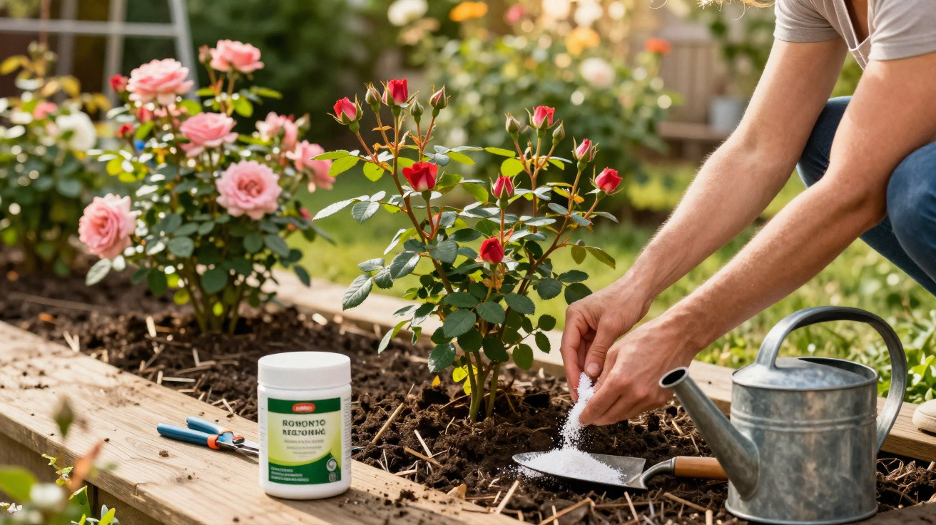 Pessoa fertilizando rosas vermelhas em canteiro de madeira com regador e tesoura ao lado.