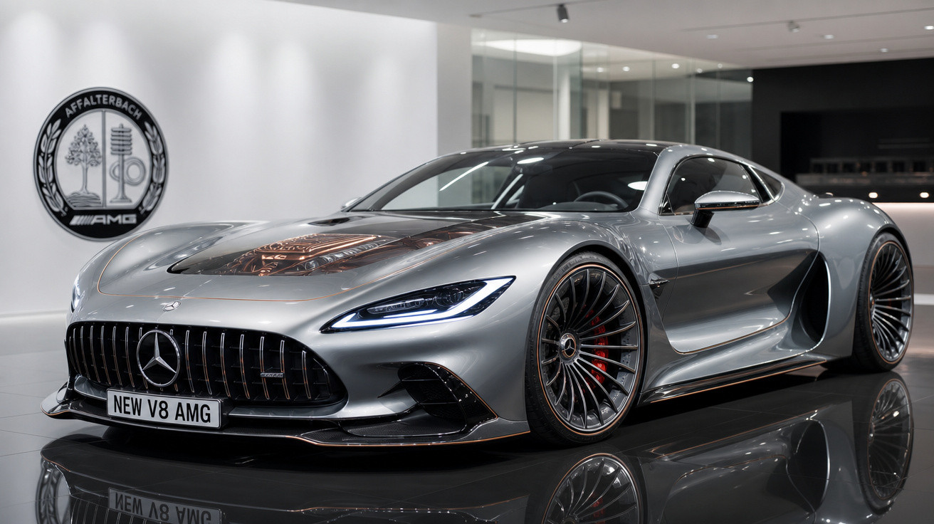 Carro esportivo prata Mercedes-Benz AMG em exposição interna com pintura refletiva e rodas de aro grande.