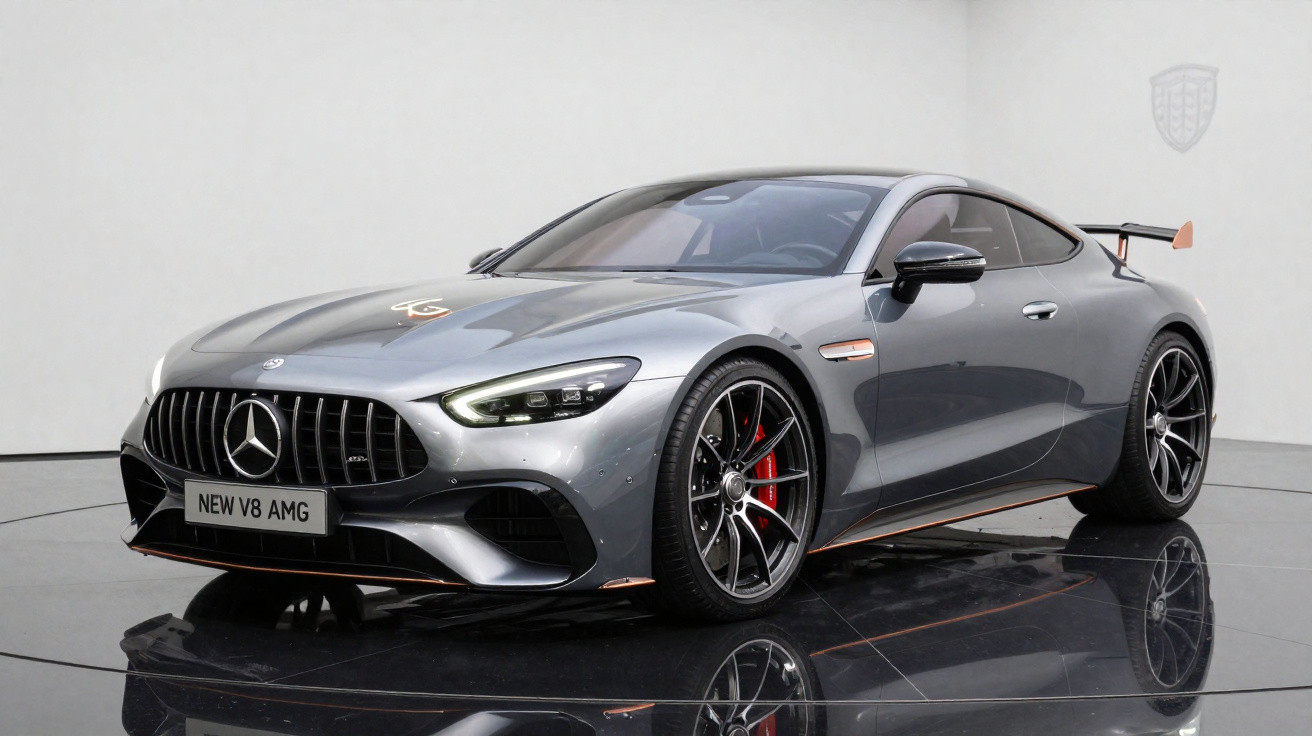 Carro esportivo Mercedes-Benz AMG cinza prata com rodas pretas e detalhes vermelhos em estúdio.