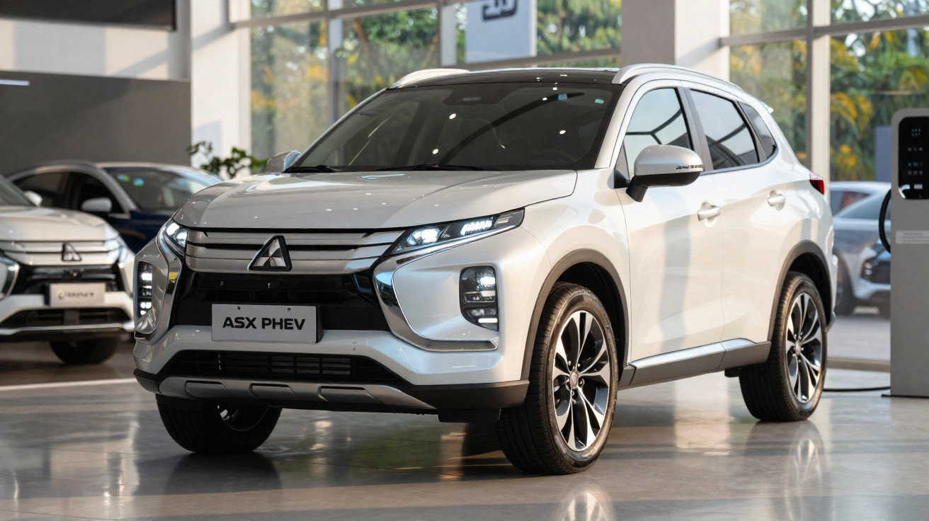 SUV branco Mitsubishi ASX PHEV em exposição dentro de showroom moderno e iluminado.