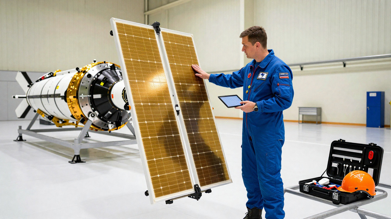 Homem com macacão azul inspeciona painel solar de satélite em hangar com equipamento ao lado.
