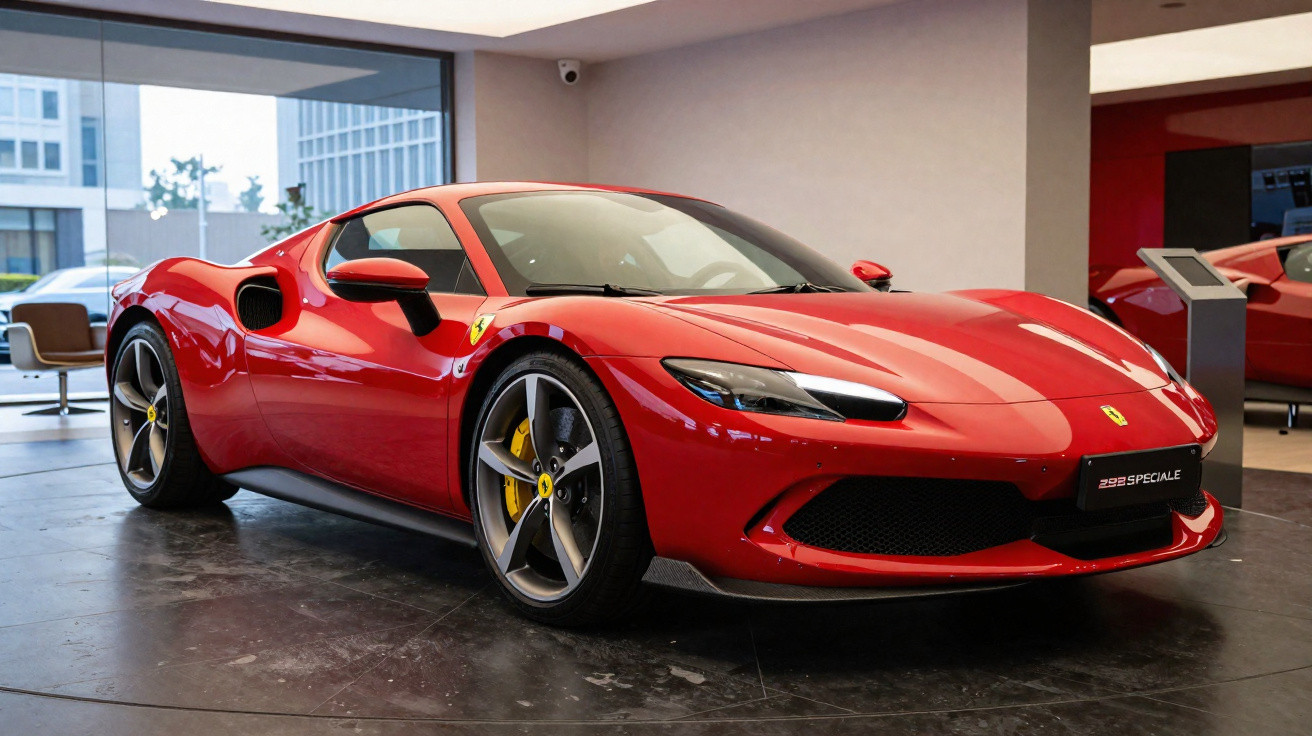 Carro esportivo Ferrari 296 Speciale vermelho em exposição dentro de showroom moderno.