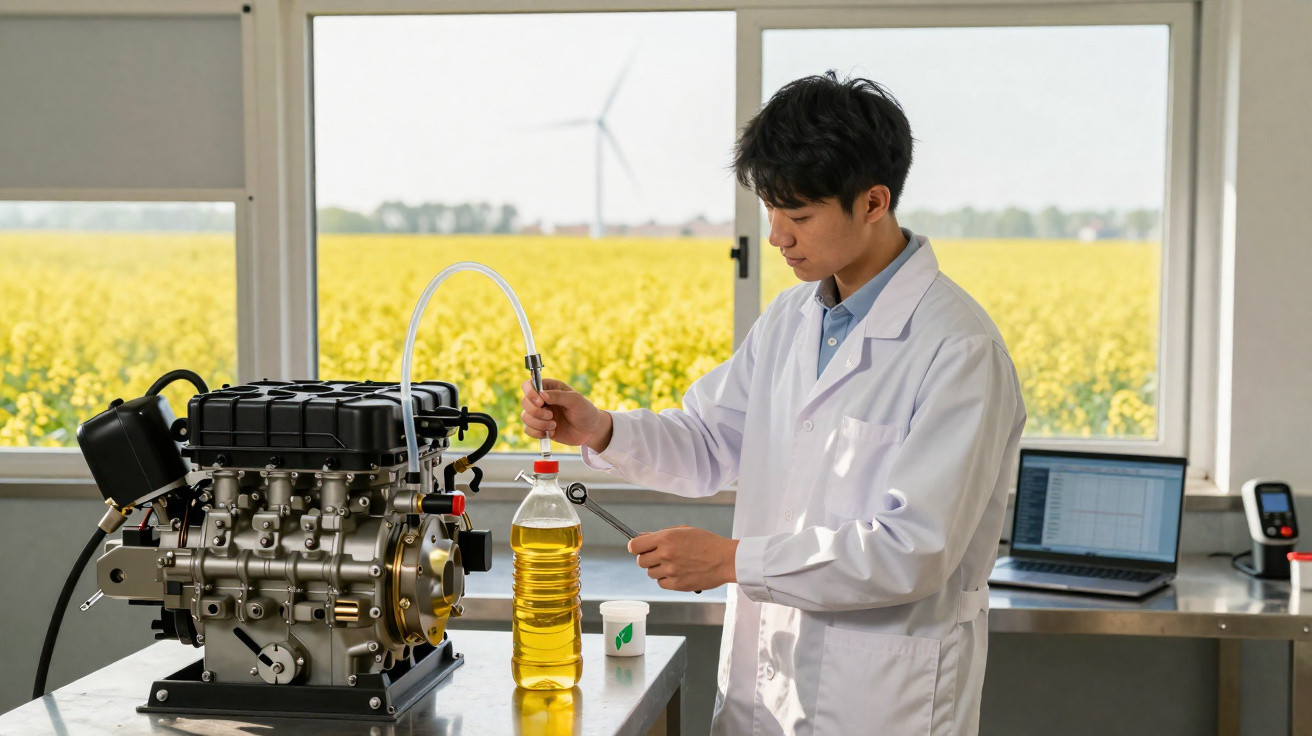 Cientista em laboratório testa biocombustível com motor e garrafa de óleo vegetal ao fundo campo amarelo.